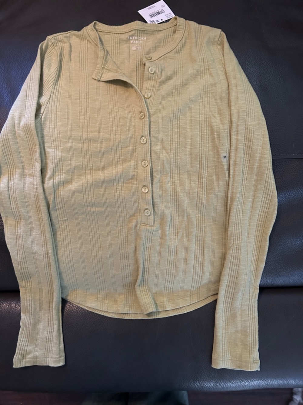 American Eagle Outfitters Long-Sleeve Ribbed Henley Top - Olive Green